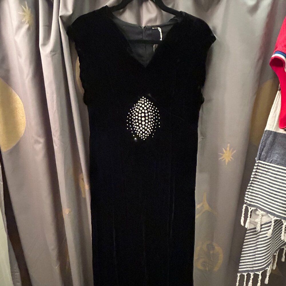 GORGEOUS Vintage 1930s Silk Velvet Black Floor Length Gown w Rhinestones Couture